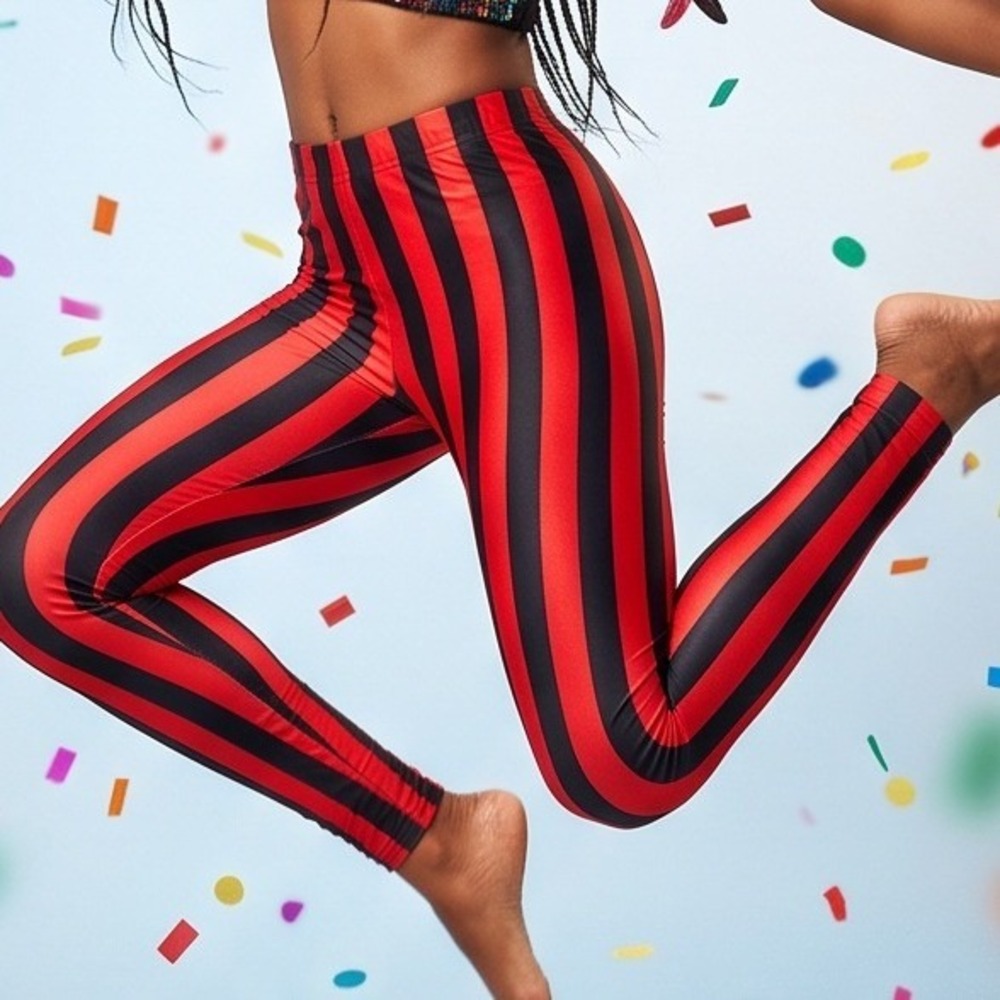 HDE Womens L Red Black Leggings Harley Quinn Beetlejuice Costume *Runs Small*